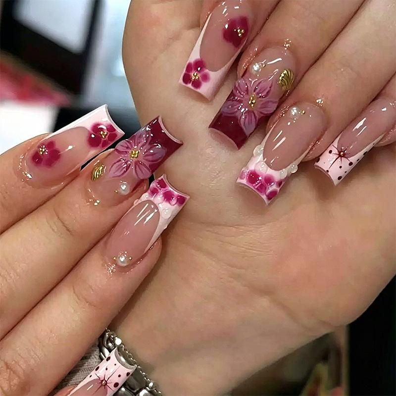 24-Piece Pink French Medium Tube Nail Tips with 3D Flowers & Leopard Print