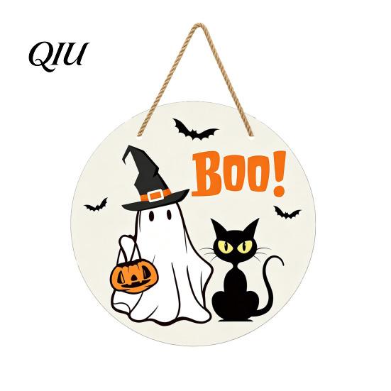 Halloween Welcome Sign Hanging Door Sign, Wooden Front Hanger Wreath, Cute Decoration Ghost for Porch Wall Indoor Home Party