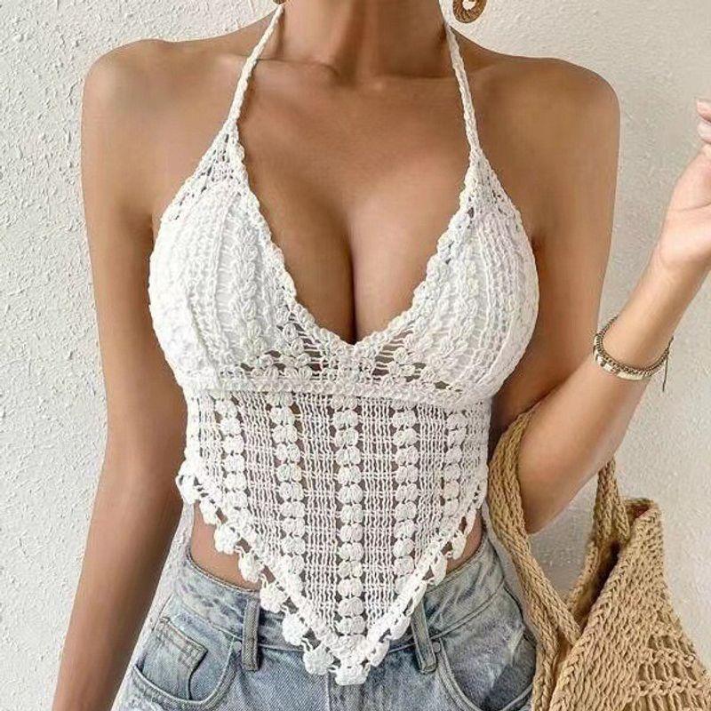Pure Sexy Knitted Hollow-out Solid CAMI Back Strap Bohemian Style Inner wear Fashion Top Women
