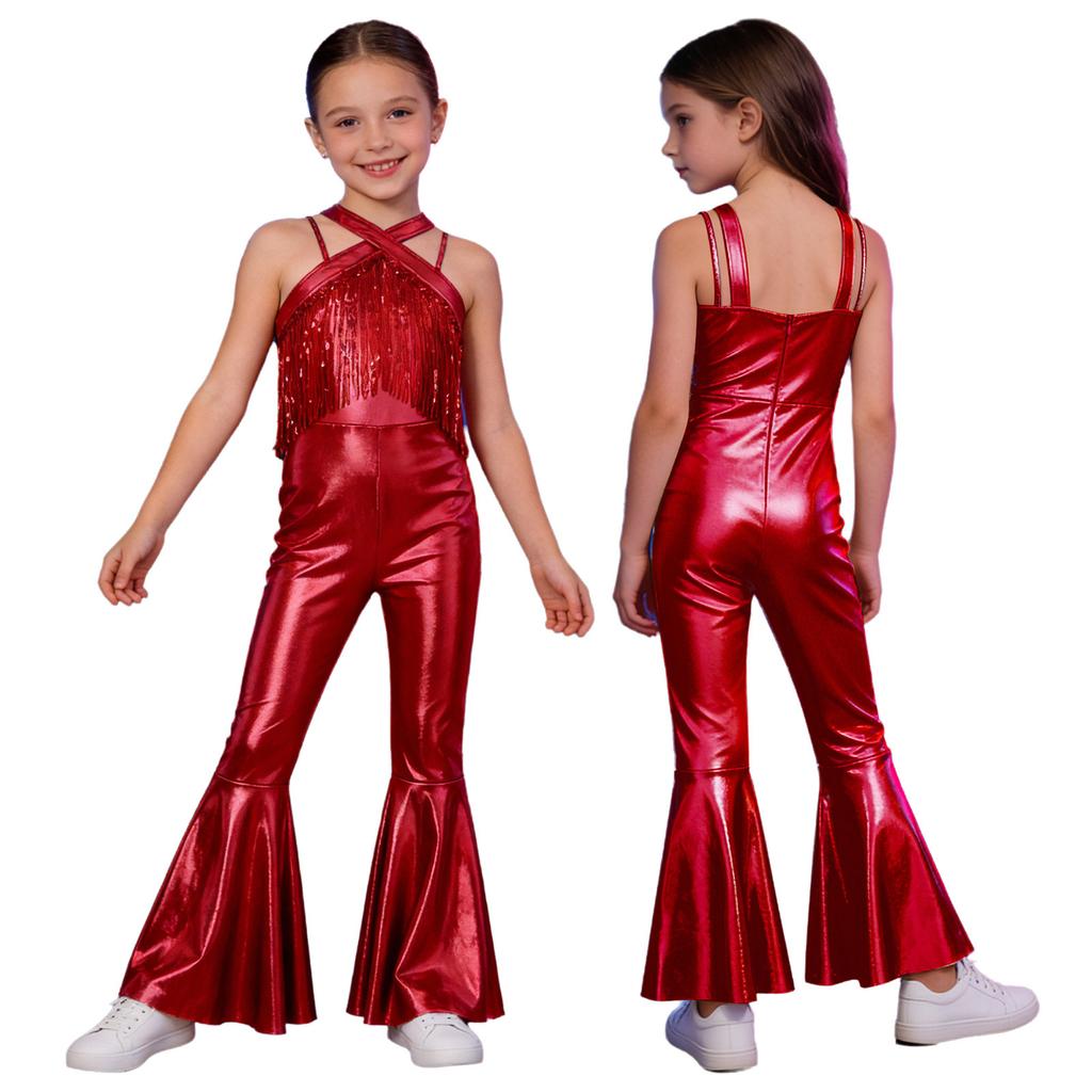 Metaliczny Kostium Body do Tańca Disco dla Dzieci: Bezrękawnikowy kombinezon z cekinami i frędzlami, z tyłu na niewidoczny zamek błyskawiczny i rozszerzanymi nogawkami