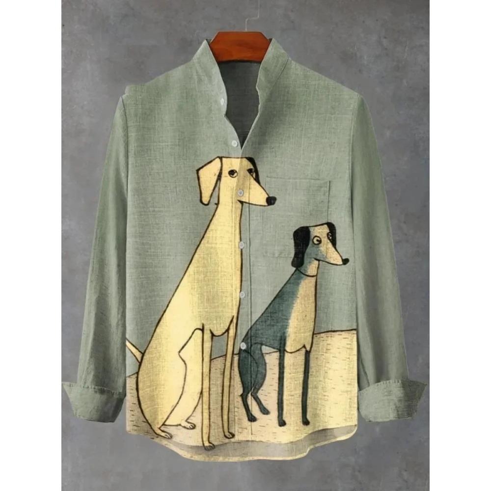 New Spring and Autumn Best-selling Men's Long-sleeved Comfortable Shirt Retro Kitten Pattern Art Print Shirt
