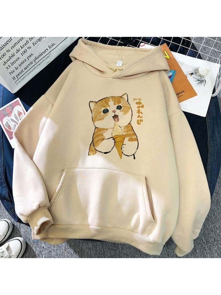 Felpe con Cappuccio Nere a Manica Lunga Donna Squalo Gatto Felpe con Cappuccio Divertenti Animali Cartoni Animati Stampa Grafica Pullover Streetwear