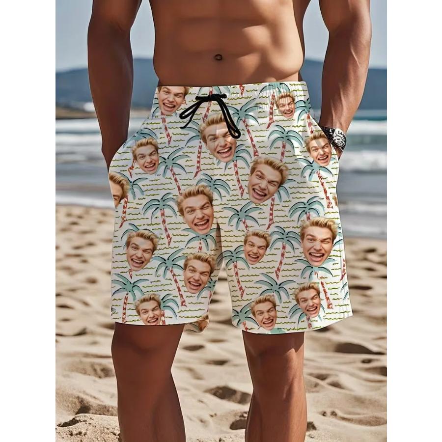 Custom Face Beach Shorts For Men 3D Digital Print Surfing Hawaiian Shorts Quick-Drying Lightweight Comfortable Swim Trunks S