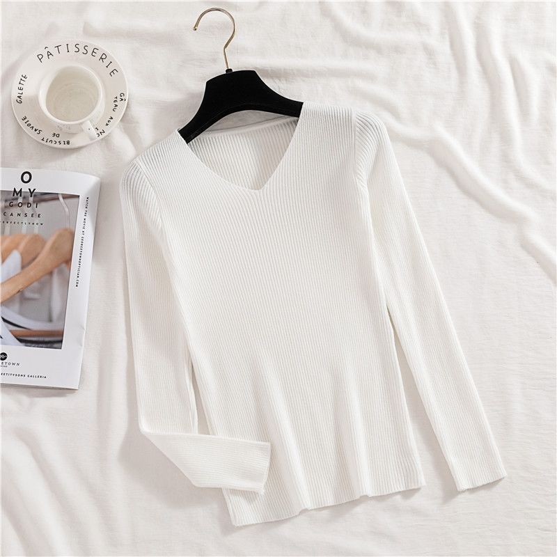 Dámský podzimní a zimní svetr s výstřihem do V, elastický, slim, všestranný, velká velikost, pletený pulovr s dlouhým rukávem, základní svetry