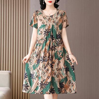 Damskie Letnie Sukienki z Krótkim Rękawem Plus Size Sukienki Vintage Luźne Sukienki z Okrągłym Dekoltem w Jednolitym Kolorze Sukienki Średniej Długości