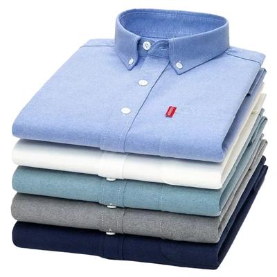 5XL 4XL Oxford %100 Saf Pamuk Erkek Düz Renk Uzun Kollu Gömlek Günlük Resmi Büyük Beden mavi beyaz Gömlek Erkek Uzun Kollu
