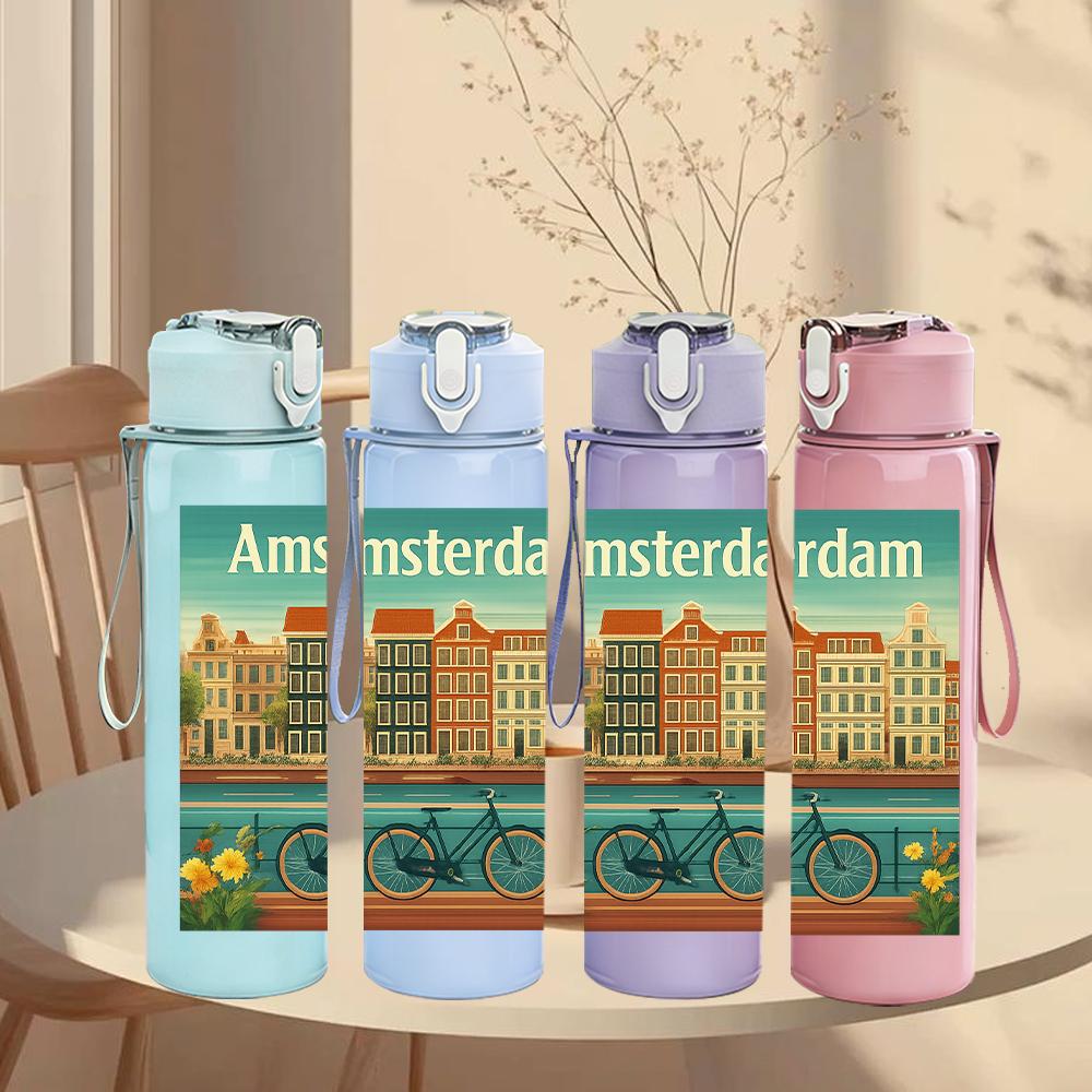 1PC Amsterdam Vintage Building 750ml Color Plastic Sports Water Bottle Leakproof Flip Straw Lid For Sports Office Home Use