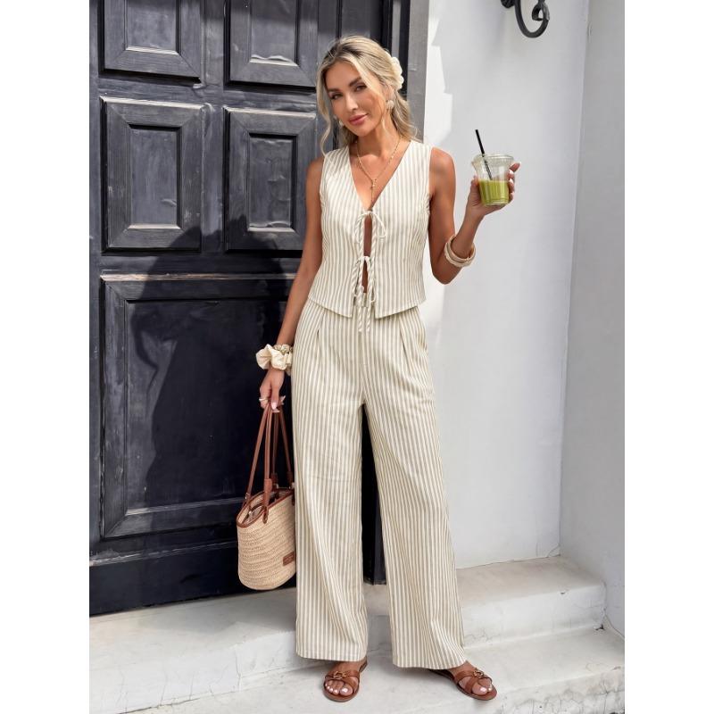 Women Summer Striped Hollow Out Vest And Long Pants Two Piece Casual Set