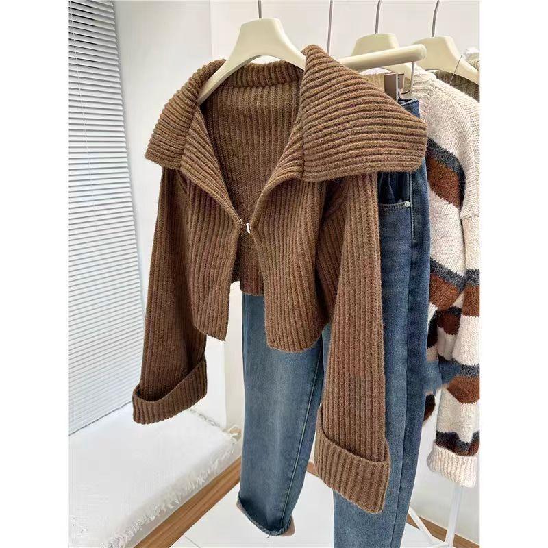 Elegant Knitted Cardigan Women Short Sweater Jacket Spring and Autumn Long Sleeve Casual Korean Fashion Lapel Coats Solid Simple Office Clothes