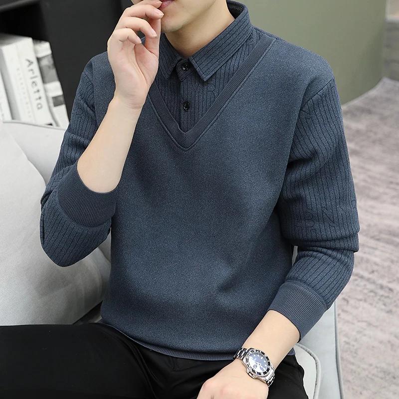 Men's Clothing Polo-Neck Pullovers Men Button Knitted Business Casual Sweater Autumn Winter Striped Patchwork Basic Fashion Sweaters