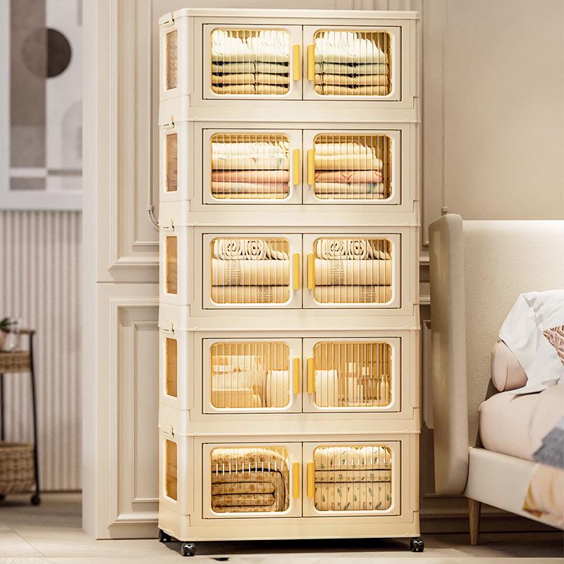 Movable Multi-Layer Folding Storage Cabinet: No-Installation Plastic Organizer for Bedroom and Living Room