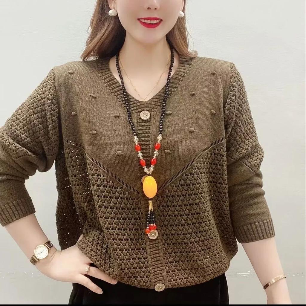 Spring Women's Knit V-Neck Loose Cover Hollow Sweater Versatile Style Long Sleeve Top