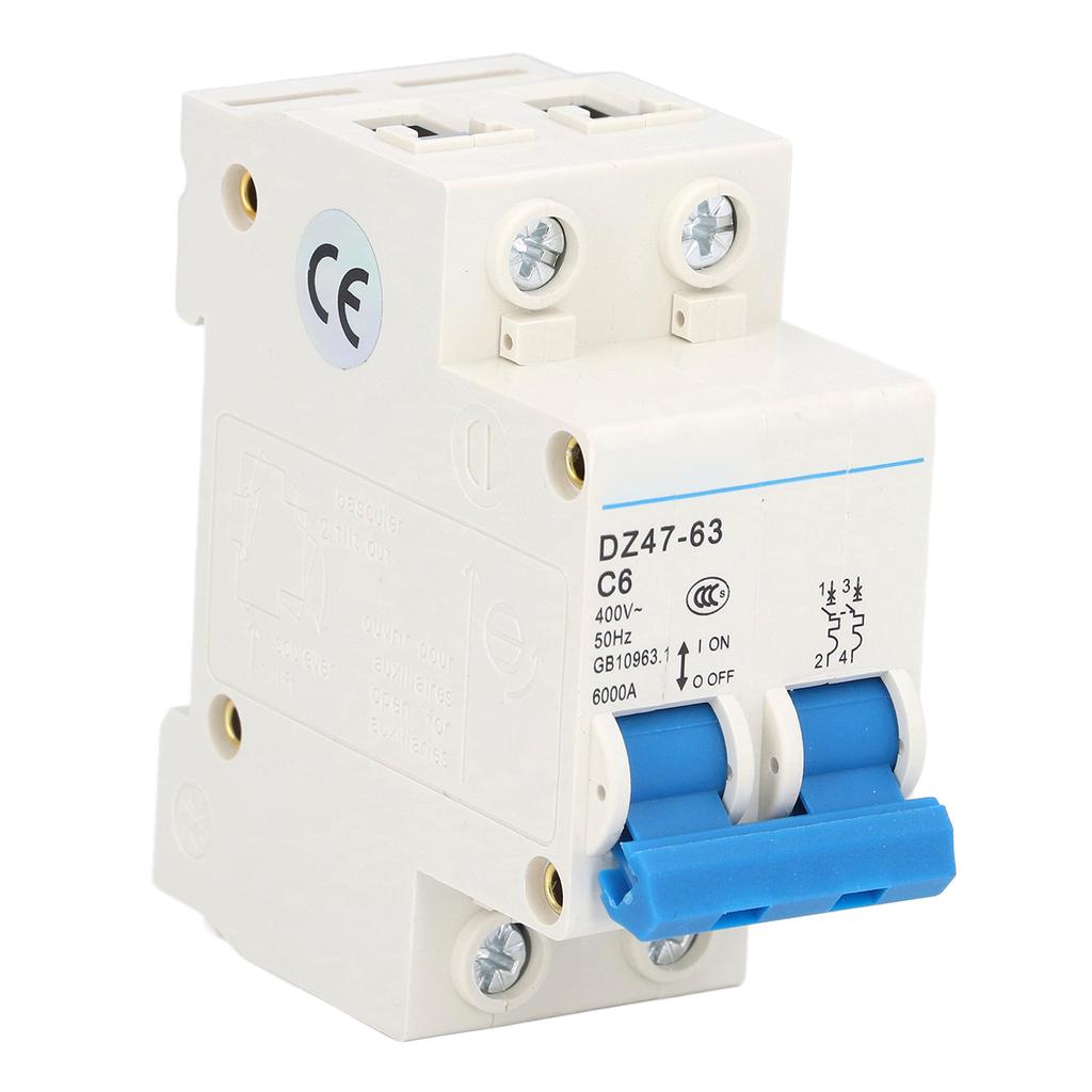 Circuit Breaker Mini 2P MCB DIN Rail Mount 6000A Breaking Capacity 400V 6A for Home Office