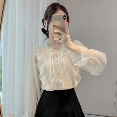 Vår Mote Vintage Kinesisk Knap Fransk Stil Chiffon Bluse