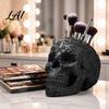 Halloween Room Decor Skull Makeup Brush Holder Matte Black Gothic Skeleton Pen Organizer Personalized Vanity Storage for Desk Resin Figurine