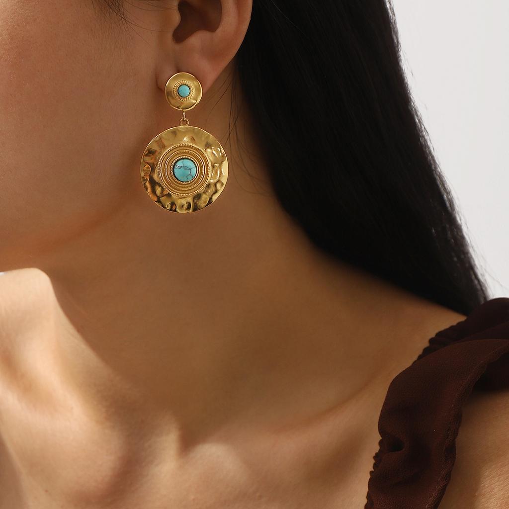 Stainless Steel Geometric Turquoise Inlaid Round Earrings Elegant High Grade Personality Earrings For Women Trendy Jewelry