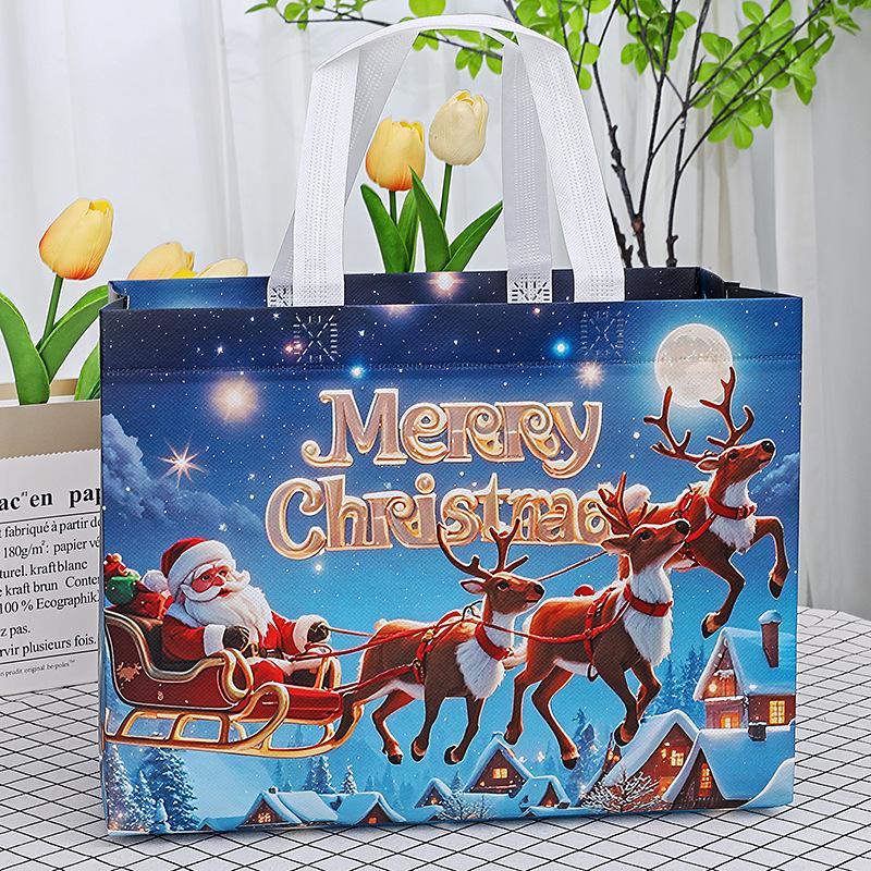 

1 шт. Большие подарочные пакеты на Рождество с ручками, многоразовые, с рисунками Санты, снеговика, рождественской елки - для праздничного шопинга, рождественских вечеринок