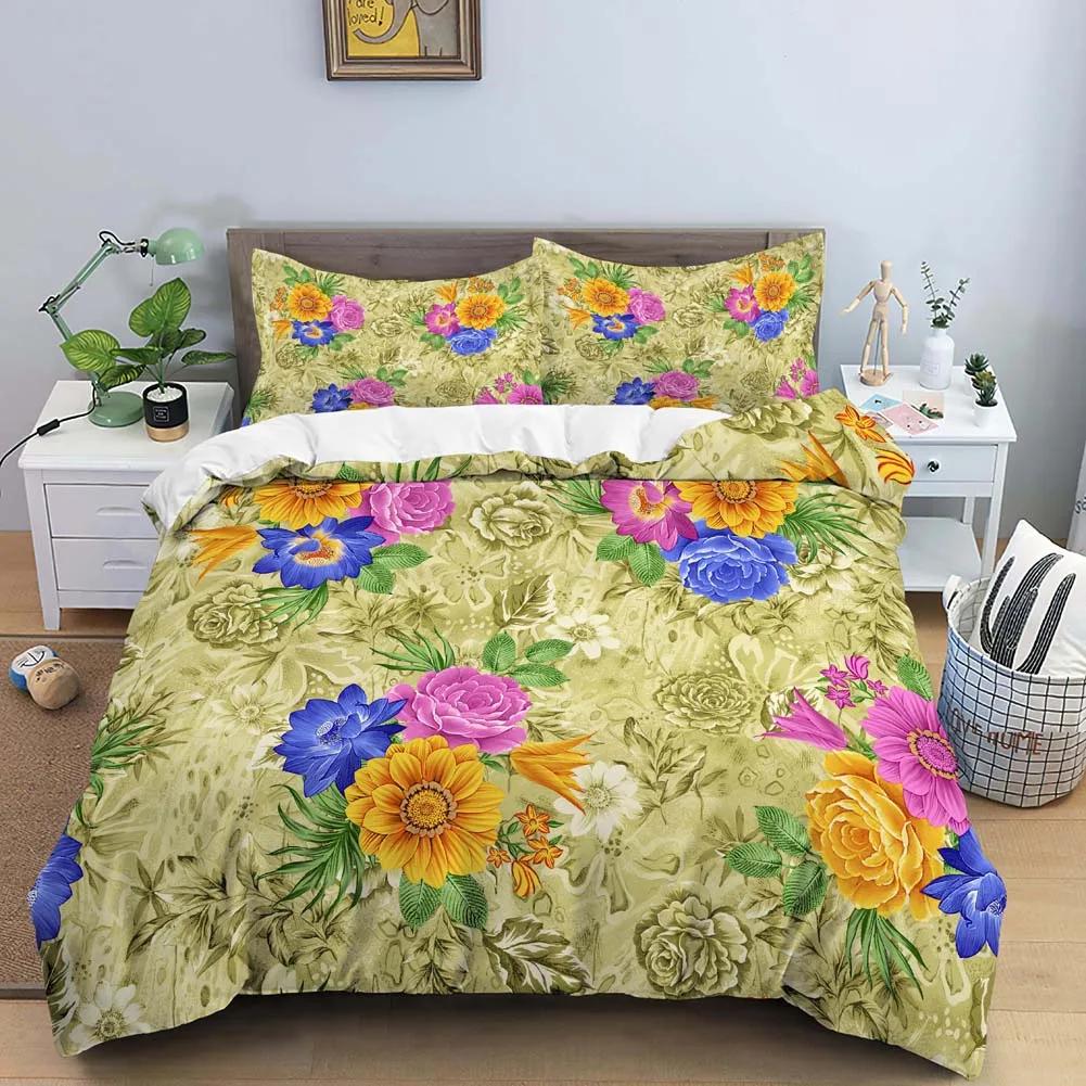 Vintage Flower King Queen Duvet Cover Peony Sunflower Bedding Set Tropical Floral Quilt Cover Boho Polyester Comforter Cover