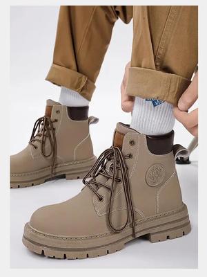 Casual Boots Leather Lace-up Big Head Tooling Boots Work Shoes Autumn Winter Thick Bottom High Top Non Slip Warm