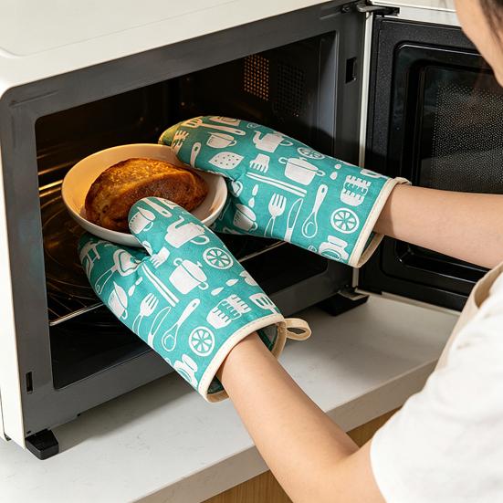Thickened Cotton-Linen Oven Mitts with Non-Slip Grip Heat-Resistant Baking Gloves for Microwave Grill Breathable