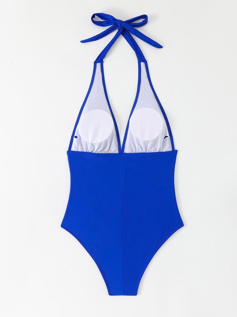 Women's Swimsuit Solid Color V-neck Pleated Slim One-piece Swimsuit Bikini Suit Beachwear Bathing Suits