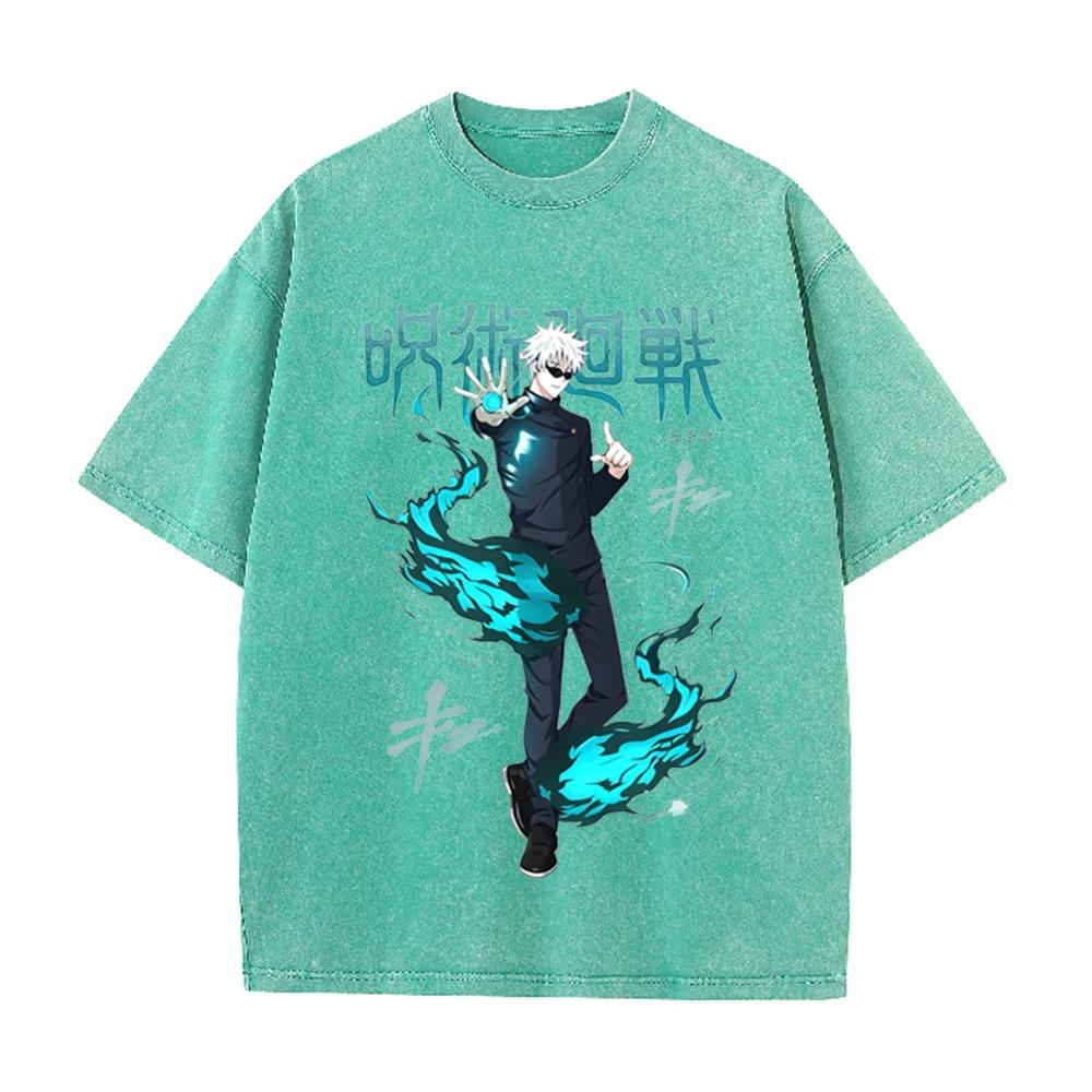 2026 Anime Graphic Washed T Shirt Unisex Oversized Cotton Short Sleeve Tee Harajuku Streetwear Manga Fan Casual Daily Tops