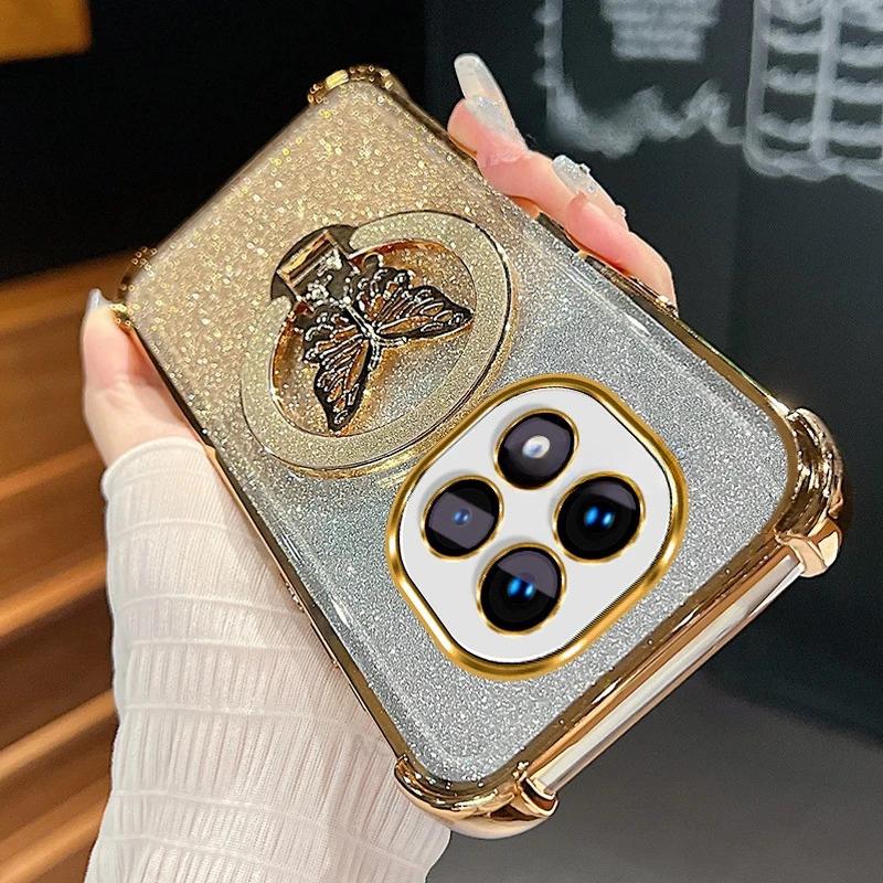 

Чехол силиконовый с блестками и бабочкой-подставкой с градиентным покрытием для Xiaomi Redmi Note 14 Pro Plus, противоударный чехол для Mi Poco X7 Redmi Note 14 Pro 4G золотой