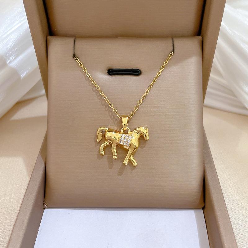 Hip Hop Zircon Horse Pendant Necklace for Women Men Stainless Steel Chain Jewelry Accessory Gifts