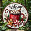 Christmas Welcome Sign Metal Wall Art Round Gingerbread Wreath Decorative Plate 20x20cm