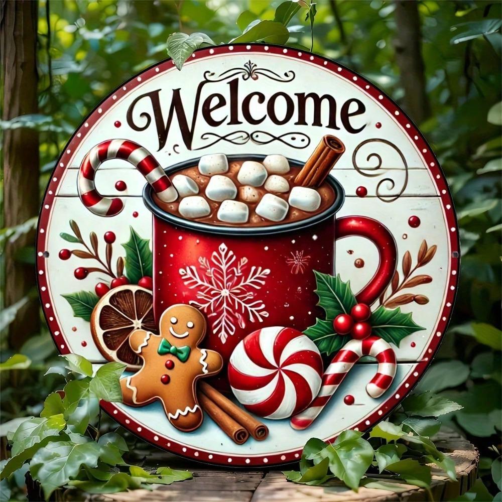 Christmas Welcome Sign Metal Wall Art Round Gingerbread Wreath Decorative Plate 20x20cm