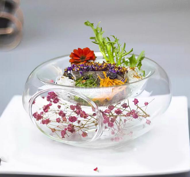 Transparent Glass Bowl with Side Opening Dry Ice Bowl Creative Cuisine Tableware Special Restaurant Salad ceramic bowl set