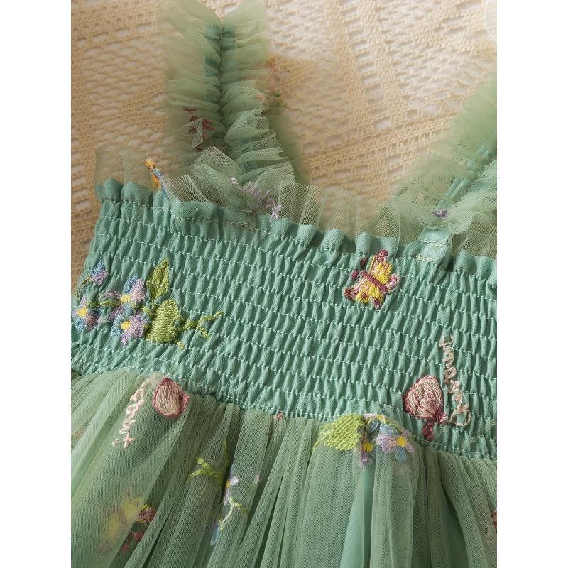 Mädchen-Traumhaftes Dreidimensionales Schmetterlingsflügelkleid, Süßes Mehrfarbiges Blumenbesticktes Netz-Prinzessinnenkleid für Sommer-Geburtstagspartys
