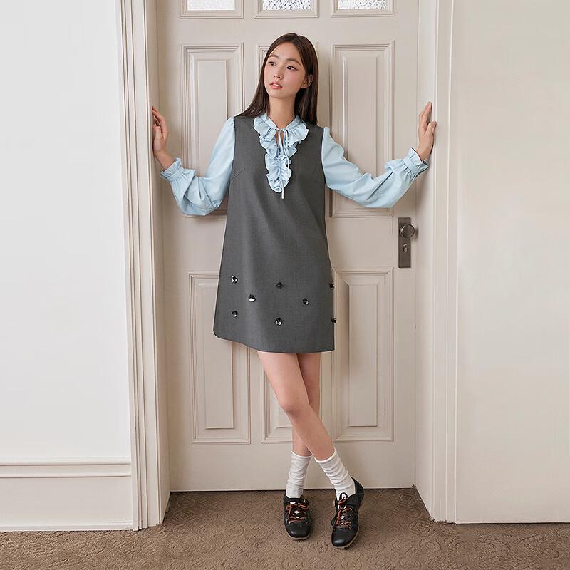 

Leding Women s Preppy Faux Two-Piece Ruffle Dress L