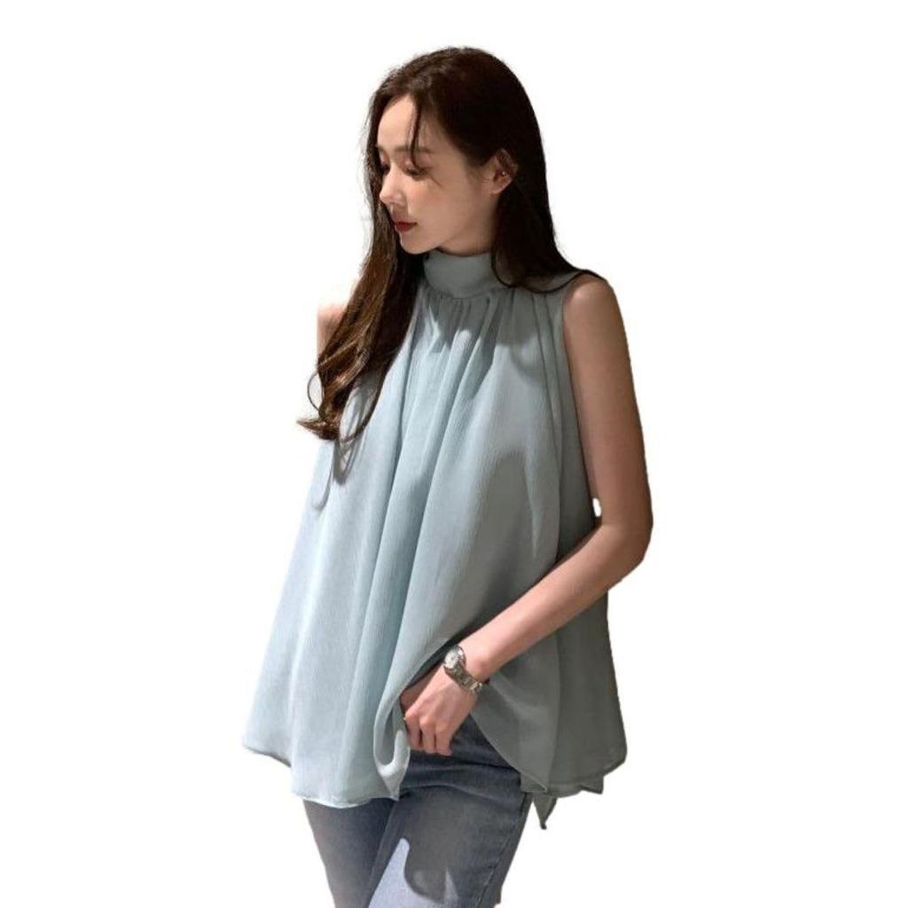 Blue Beryl Chiffon Back Women's Blouse, Gathered, Sleeveless, Ribbon, Lined, Stylish, Blue, BB078-BL-XL