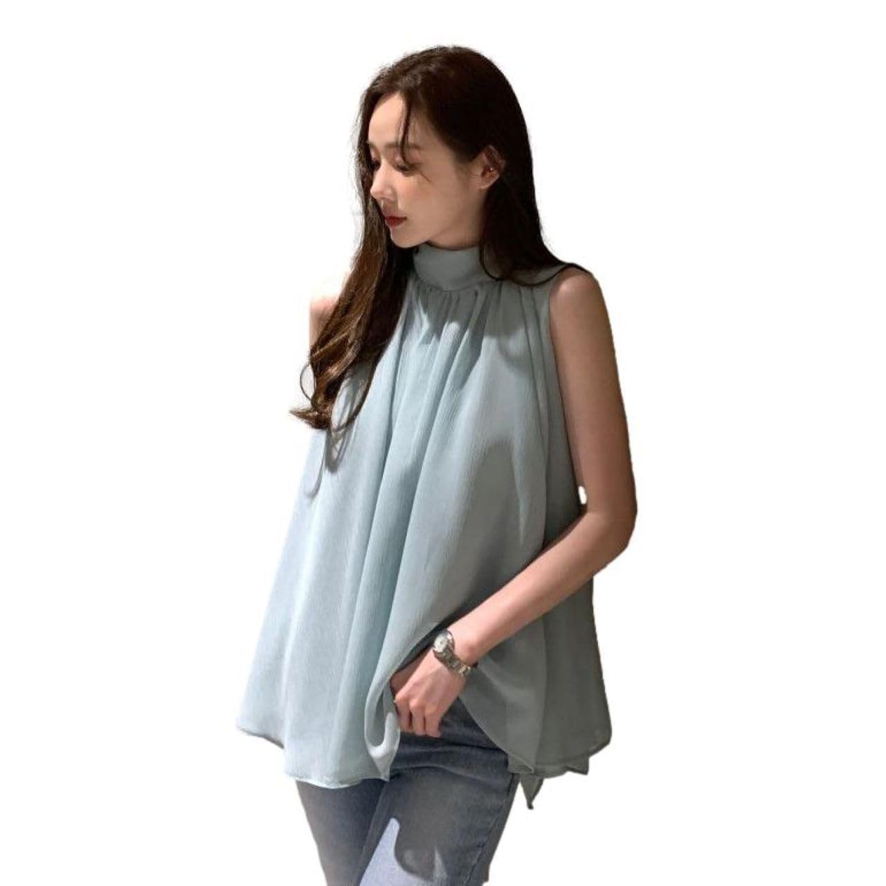 

Blue Beryl Chiffon Back Women s Blouse, Gathered, Sleeveless, Ribbon, Lined, Stylish, Blue, BB078-BL-XL синий