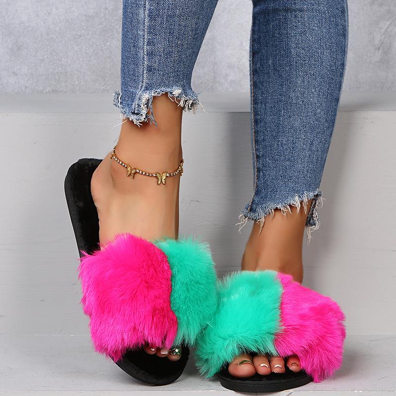 Plush Mix Color Straps Slides Women 2025 Black Flat Heels Slippers Women Leisure Light Weight Daily Shoes Plus Size 43