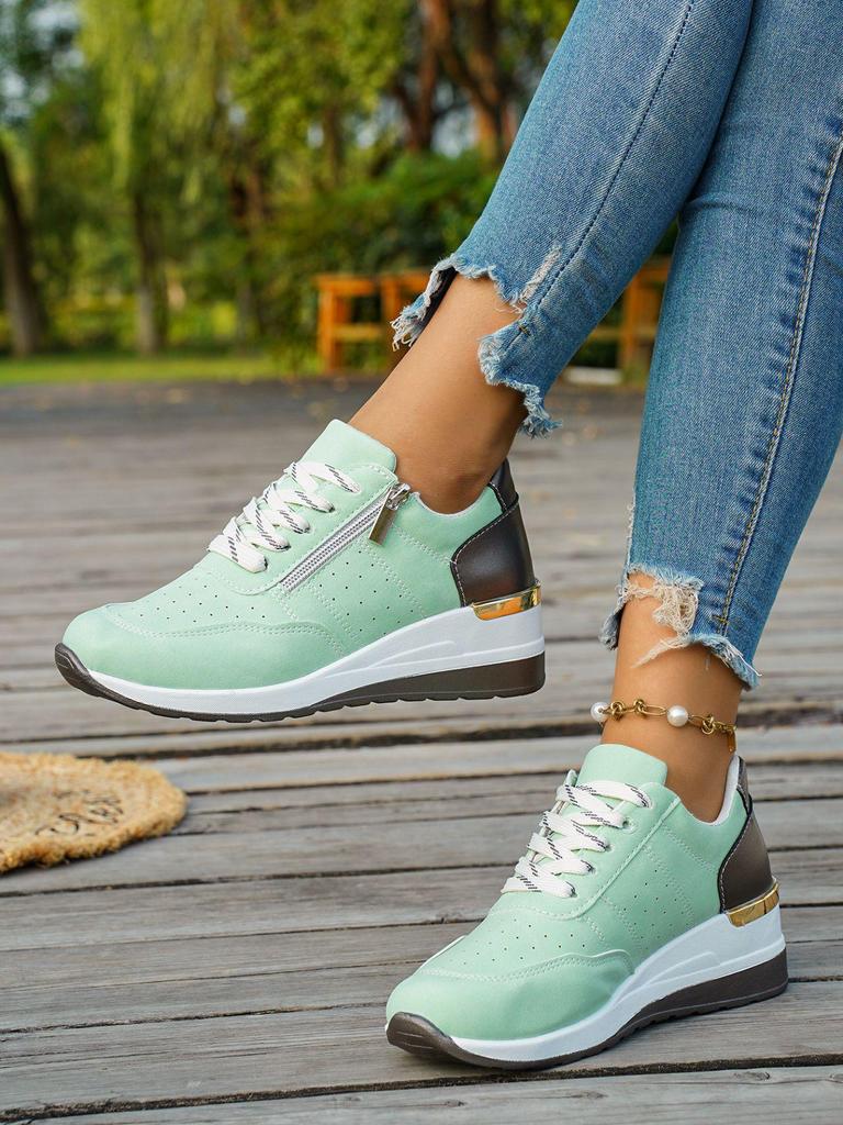 European & American Wedge Heel Fashion Sneakers: Versatile, Plus-Size, Color Block, Thick Sole Casual Shoes for Women