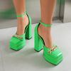 Plus Size Plaid Patent Leather Side Cut-Out Women's Sandals Metal Chain Decoration Ultra-High Double-Deck Platform Fashion Shoes
