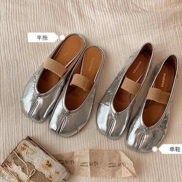 Sheepskin Version~ Shallow Mouth One-word Strap Thin Soft Split-toed Shoes Women's Single Shoes Genuine Leather Flat-soled Slippers