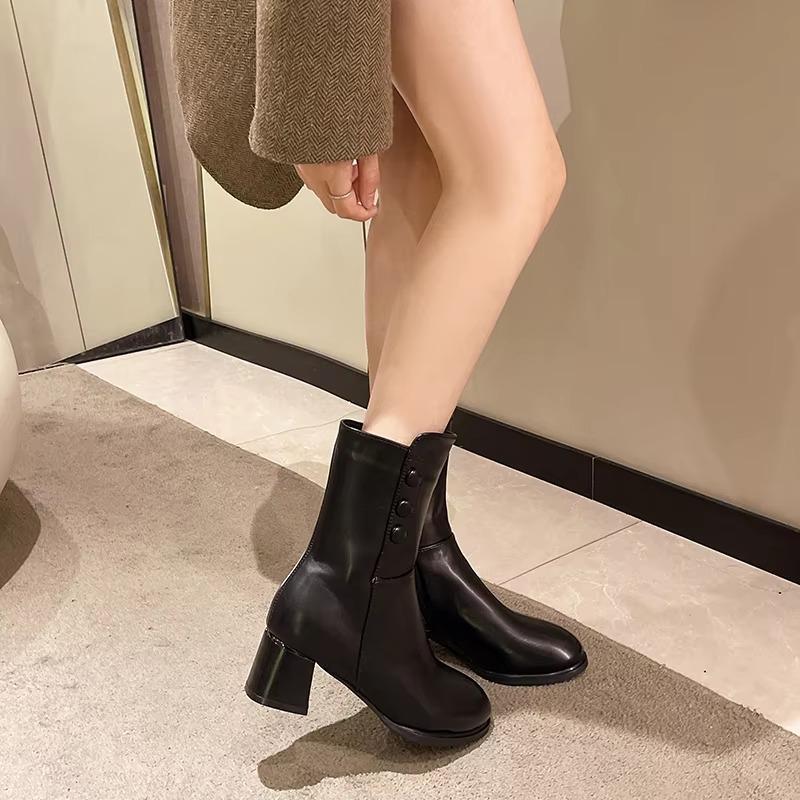 Fashion 2025 Fashion Mid-Calf Women's Boots Classics Modern Boots Women Buttons Round Toe Side Zip Med Heel New Plus Size Ladies Shoes