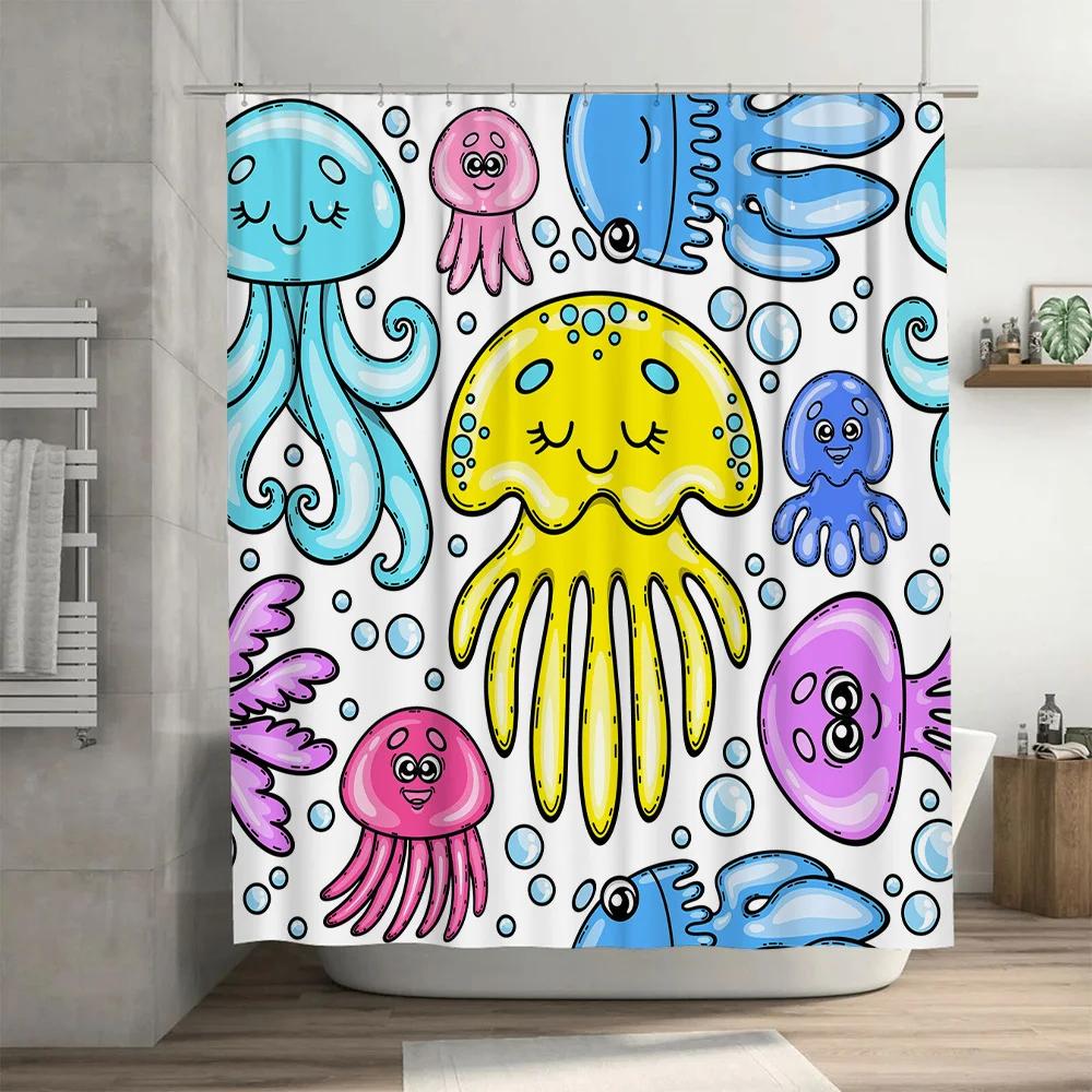 Creative Octopus Jellyfish Bath Shower Curtain For Kids Bathroom Decor Waterproof Fabric Waterproof Print