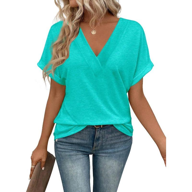 IHUASU Women's Fashion Casual Solid Color Print Short Sleeve V Neck Blouses & Shirts Unique design