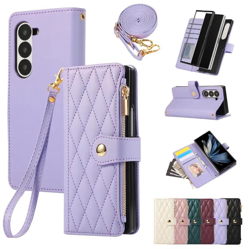 Crossbody Wrist Strap Wallet with Card Holder Phone Case for Samsung Galaxy Z Fold 7 6 5 4 Fold6 Fold5 Fold4 Fold3 Leather Cover