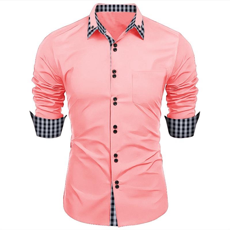 Fashionable Men's Spring Autumn Men's Plaid Color Matching Slim Casual Shirt Long Sleeved Shirt