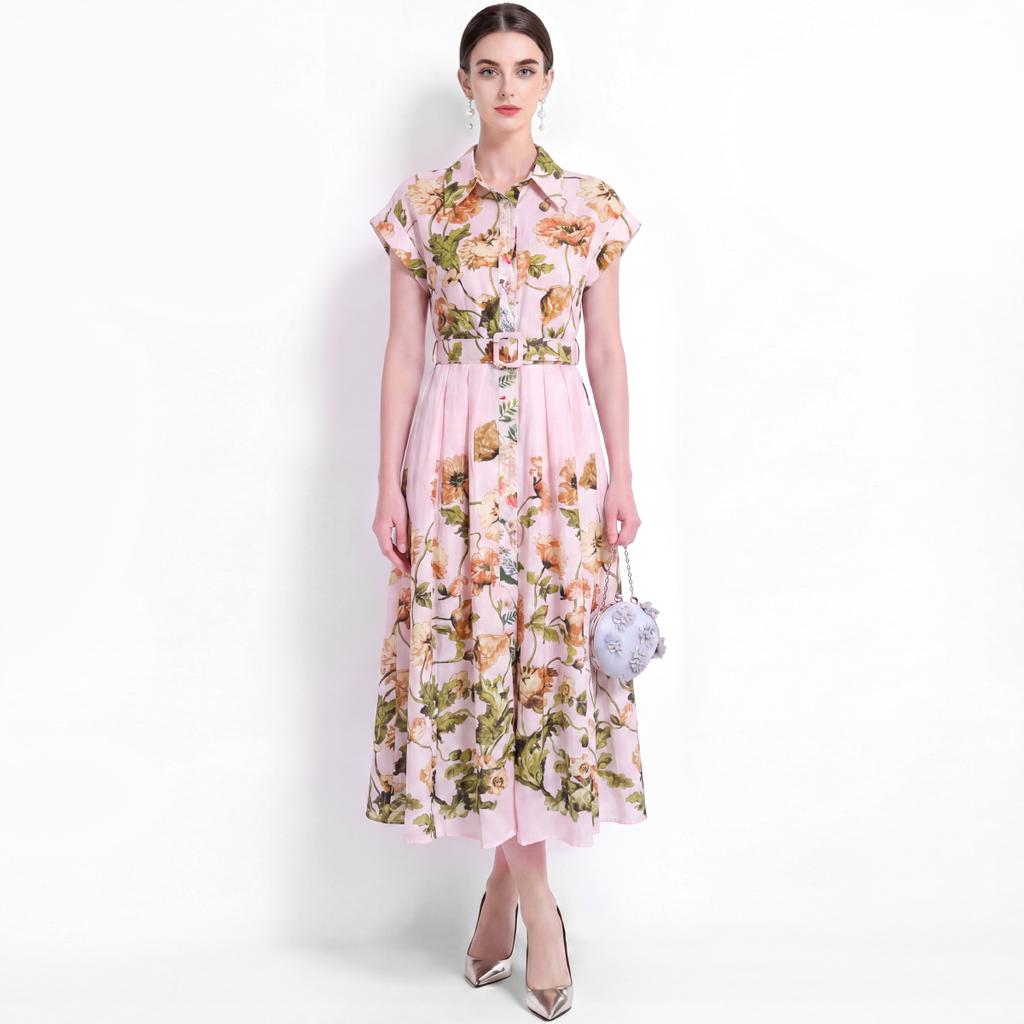 Elegant Floral Print Midi Shirt Dress for Women Summer Cap Sleeve Lapel Button Down Waist Belt A-Line Dress Holiday Outfits