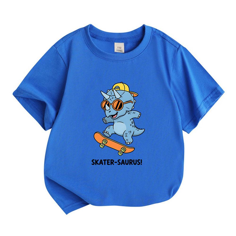 Kids Boys Girls 100% Cotton Crew Neck Short Sleeve T-Shirt, Cool Cartoon Skater Triceratops Dinosaur Skateboard Printed Casual Tees for Toddler Childr