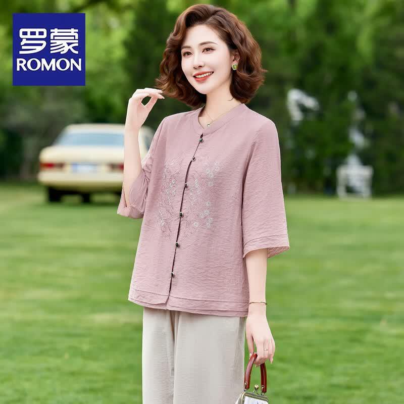 ROMON Petite Women s Floral Half-Sleeve Shirt Set 5XL