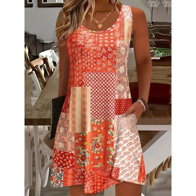 Women's Summer Sleeveless Floral Dress - Round Neck Casual Resort Wear, with Pockets, Machine Washable, Suitable for Beach Outings and Daily Parties