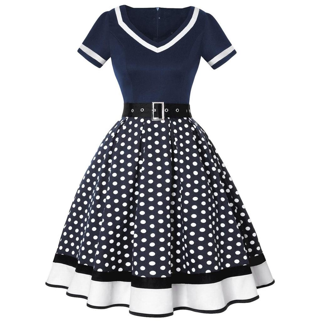 Women's Fashion Casual Vintage V Neck Short Sleeve Zpper Waist Print Dress