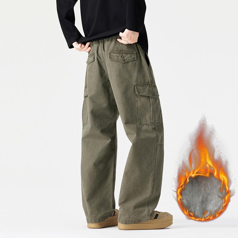 Tooling casual pants men's autumn and winter new pure cotton cloth loose wide-leg trousers fleece straight men's pants tide